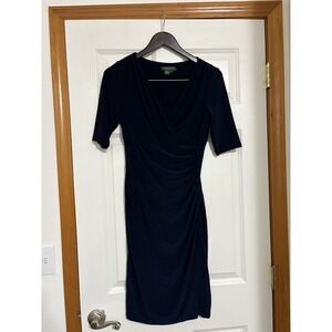 LAUREN RALPH LAUREN $129‎ Slinky Stretch Dark Blue Navy Surplice Dress Size 4